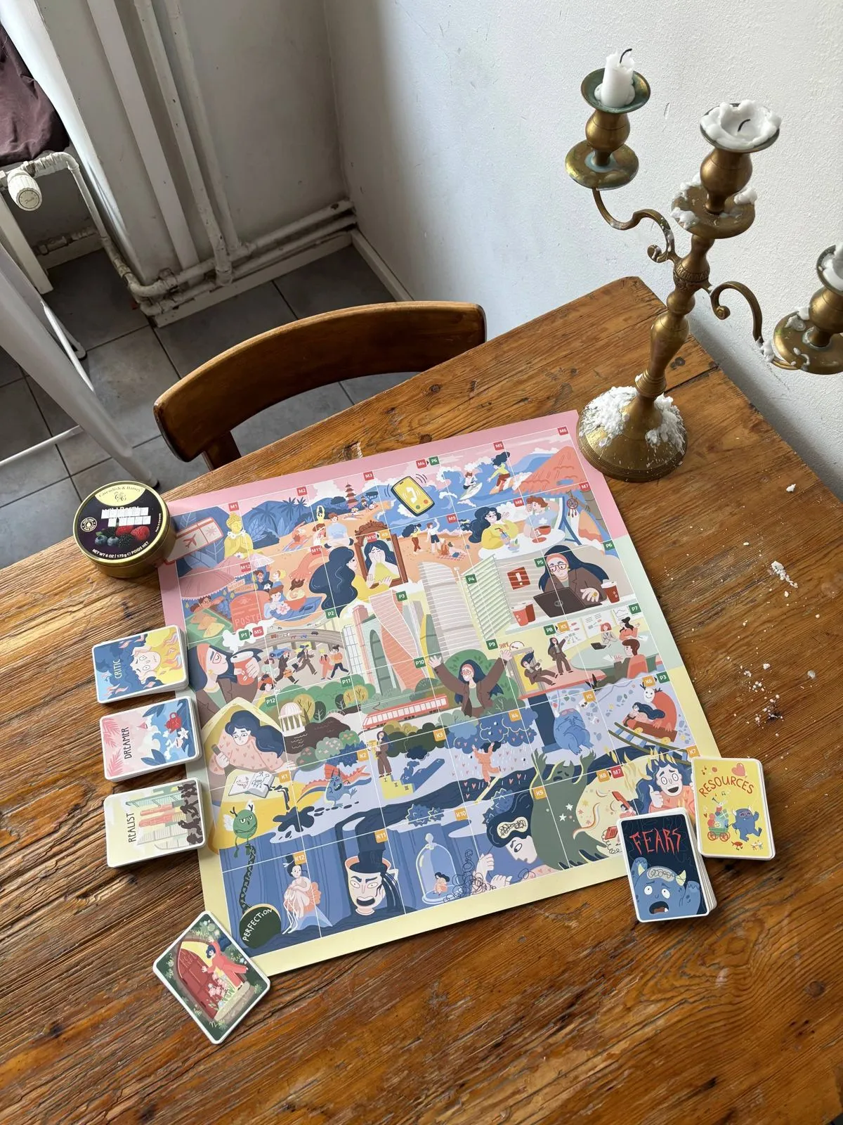 Fears and Resources decks next to the board